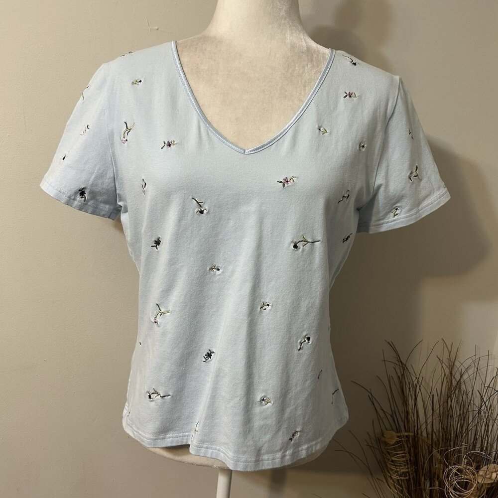 Vtg Y2K NWB Casuals Stretch Women Tshirt Top Blue V-neck Floral Embroidered Sz L